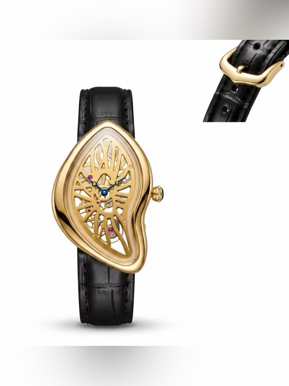 Gold Teardrop Skeleton Watch with Black Leather Strap